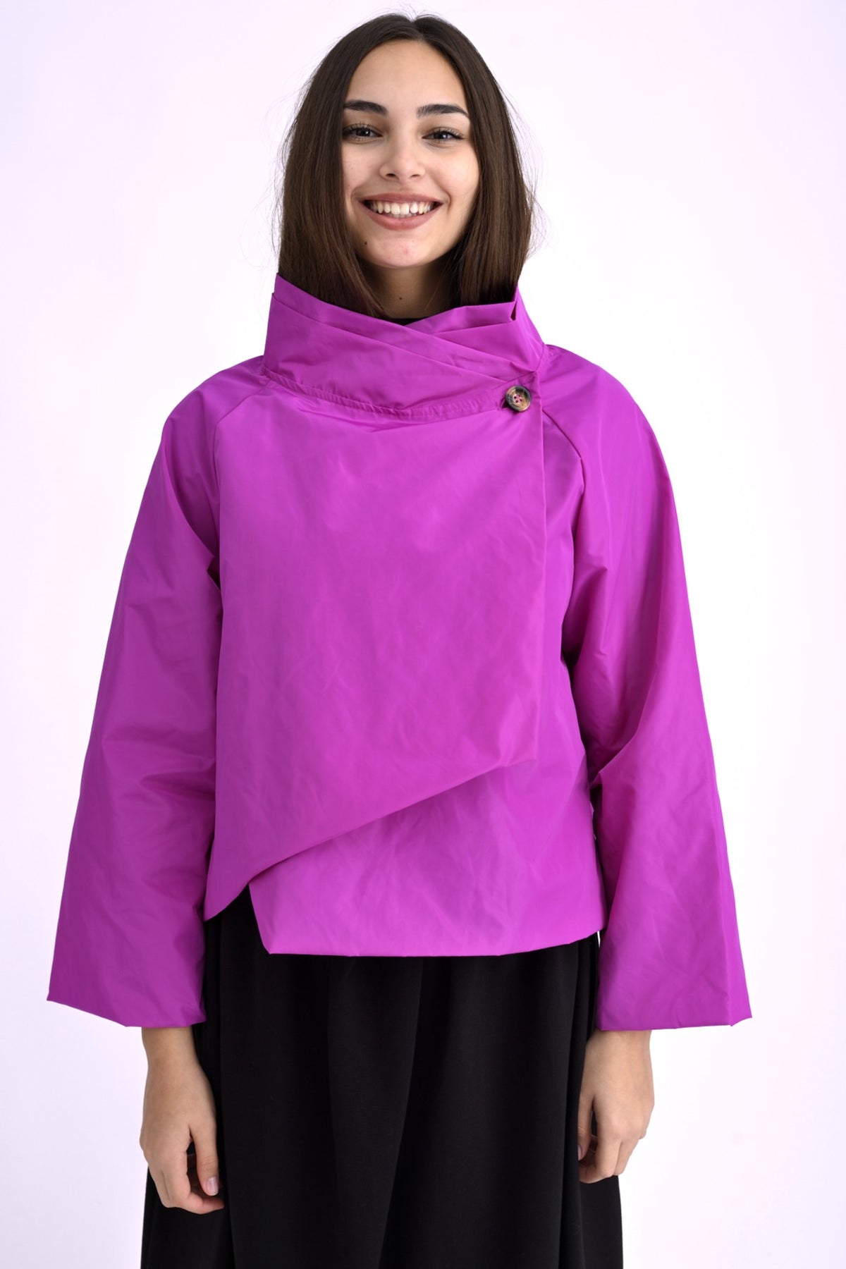 Jachetă asimetrică structurată tip tafta, nuanță fucsia