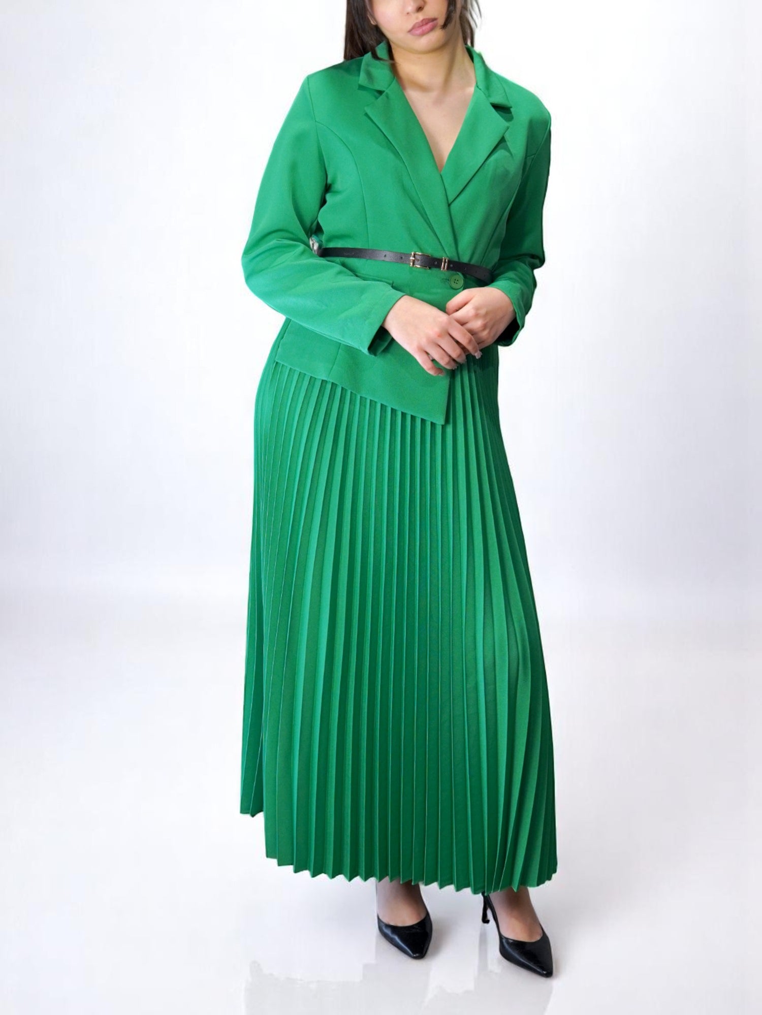 Rochie Lungă Elegantă Cu Top Sacou Și Fustă Plisată