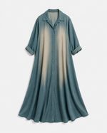 Rochie lungă din denim fluid albastru vintigizat, cădere fluidă și croială lejeră — All Above Boutique.