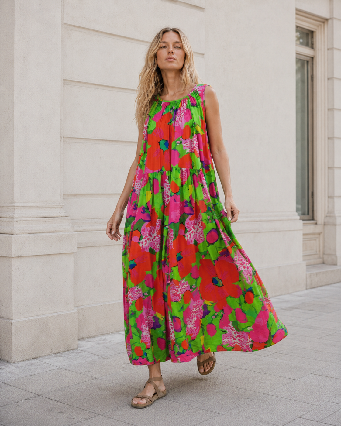 Rochie lungă evazată cu prindere șnur, vedere din spate cu detaliu șnur. All Above Boutique.