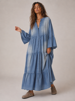 Rochie lungă denim boho vedere laterală, croială fluidă volane, All Above Boutique