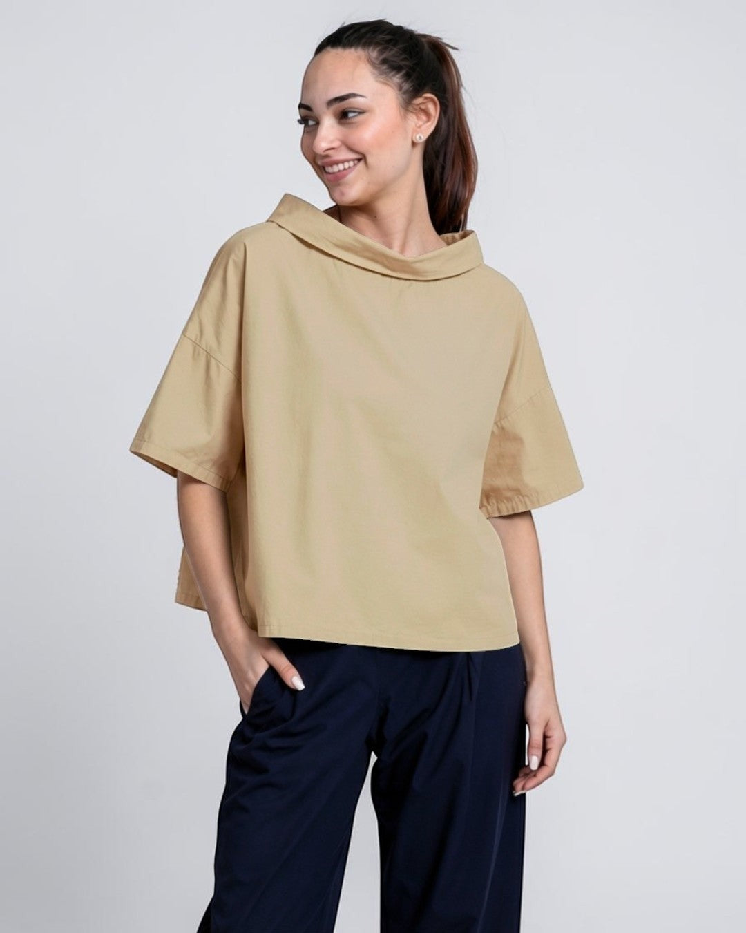 All Above Boutique beige cotton boat neck relaxed fit short sleeve blouse