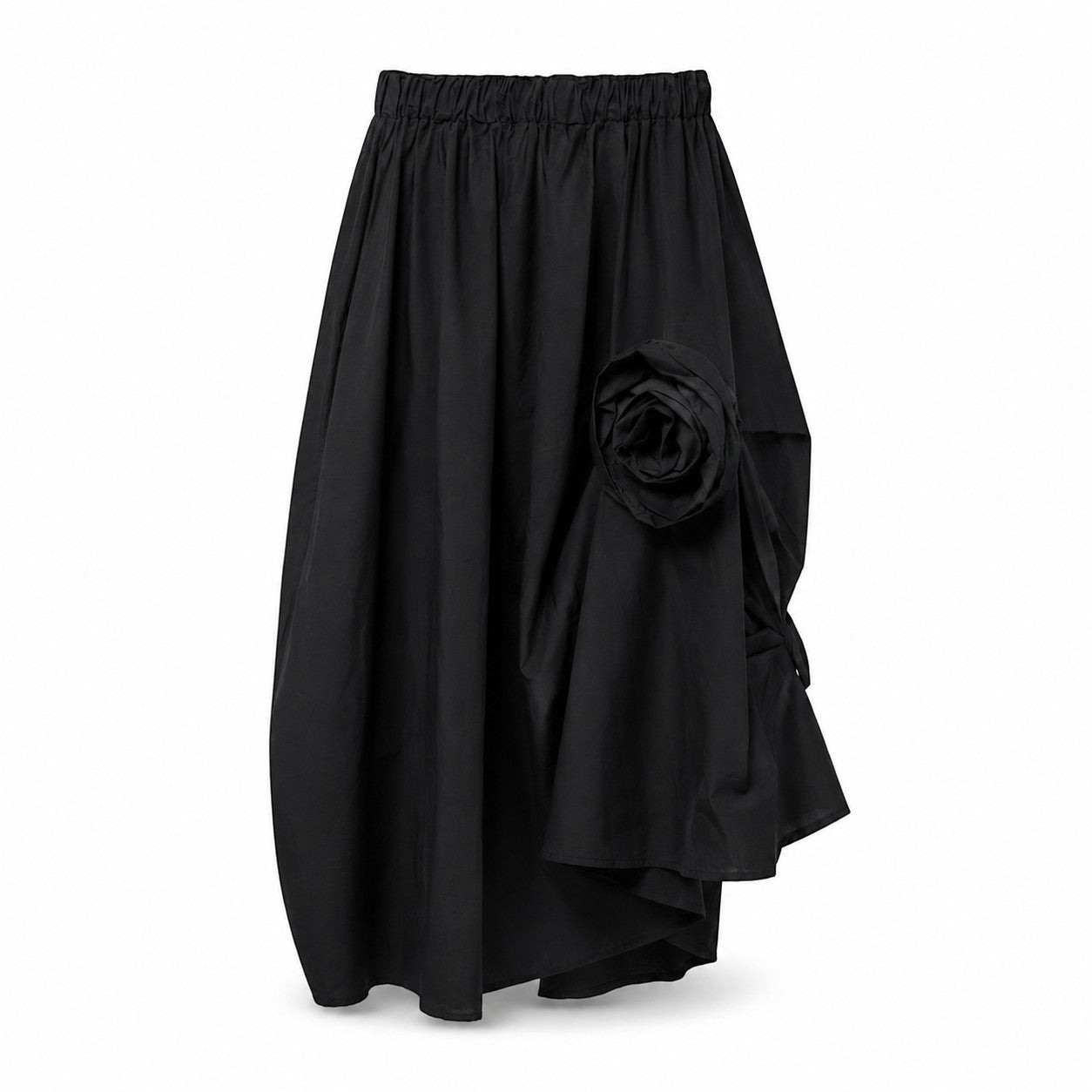 All Above Boutique black cotton asymmetric skirt with applied 3D floral detail and elastic waist.