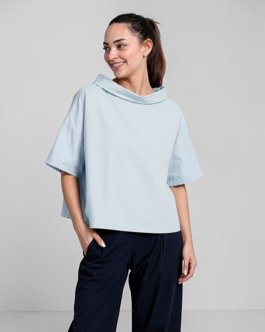 All Above Boutique light blue 100% cotton boat neck relaxed fit short sleeve blouse