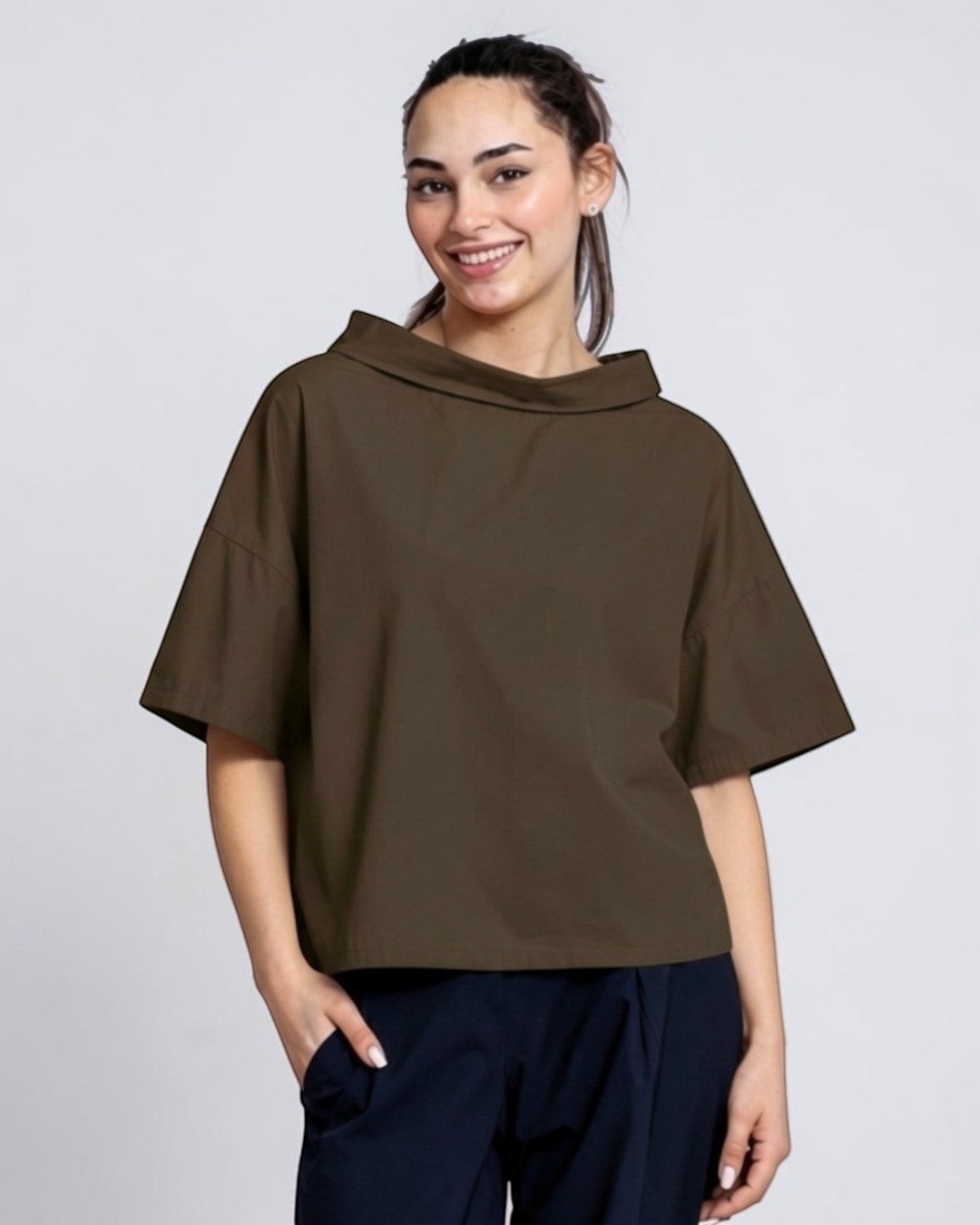 All Above Boutique relaxed fit brown cotton boat neck short sleeve top