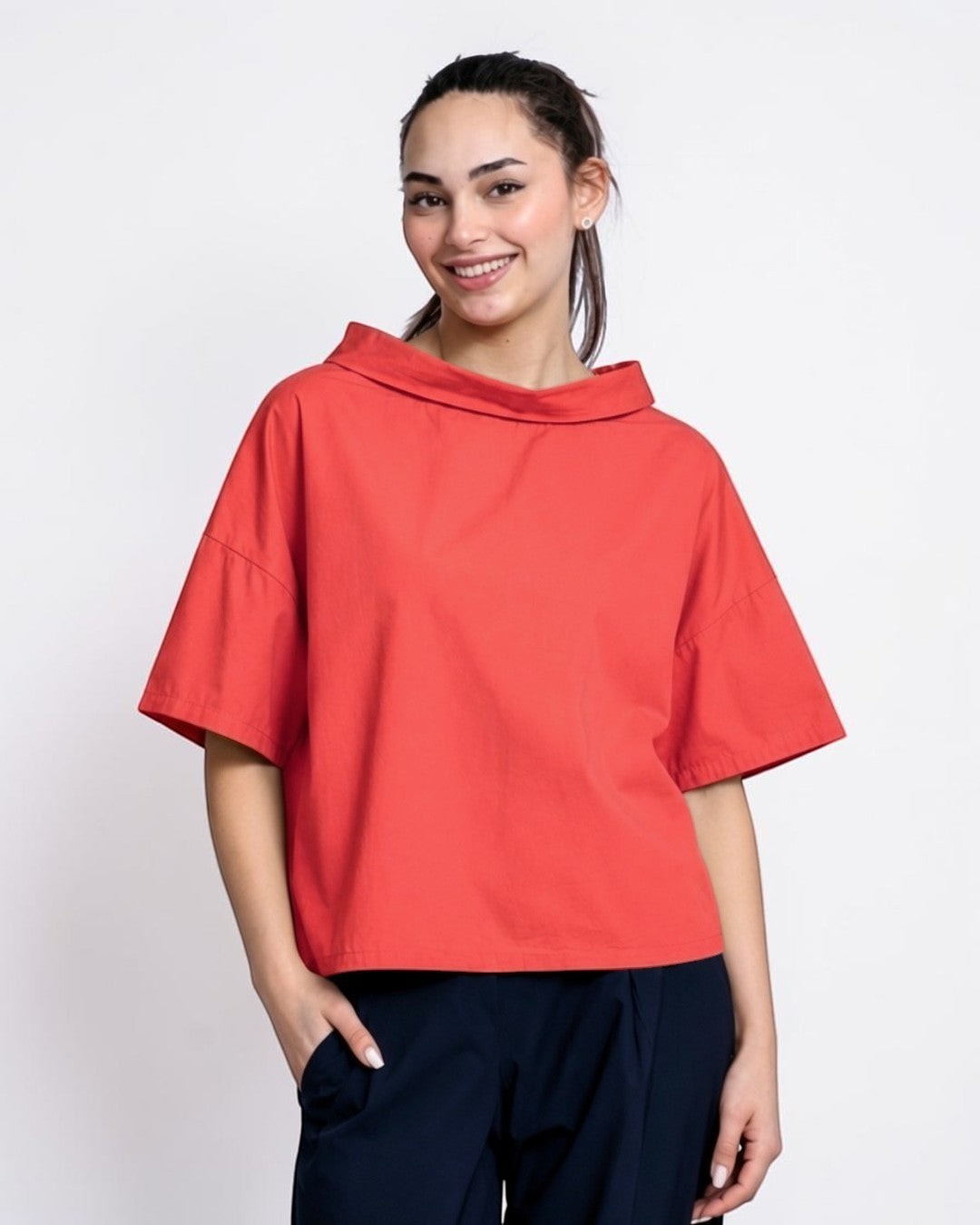 All Above Boutique coral red 100% cotton relaxed fit boat neck short sleeve top