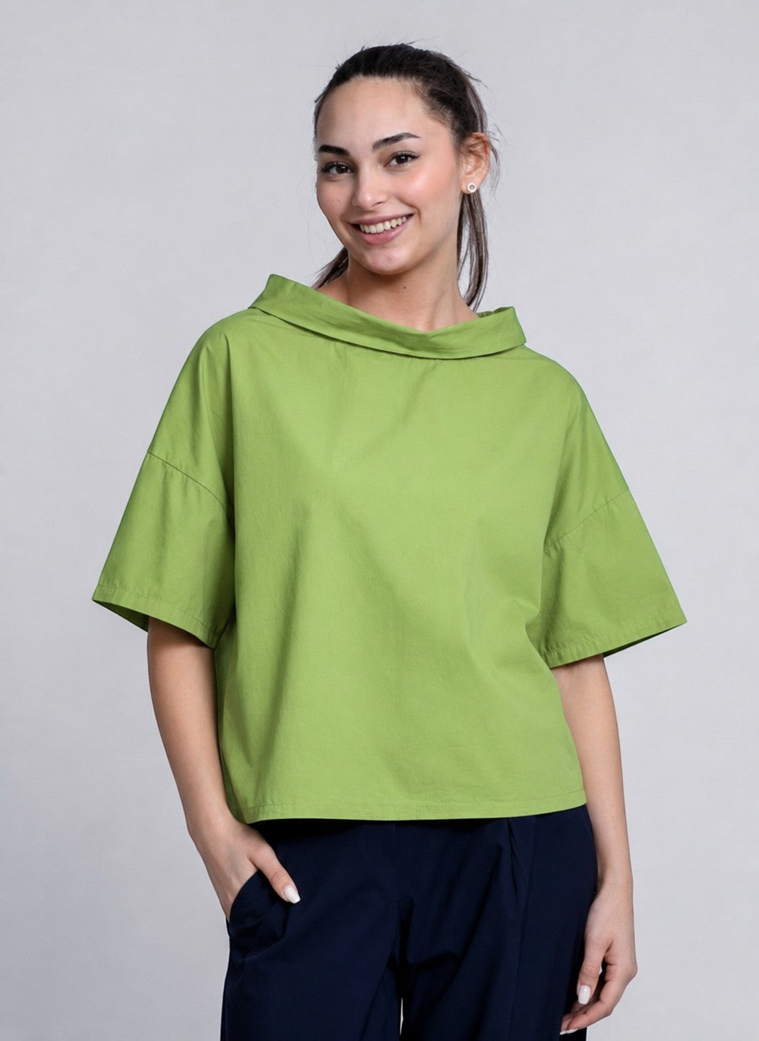 All Above Boutique lime green 100% cotton boat neck relaxed fit short sleeve blouse