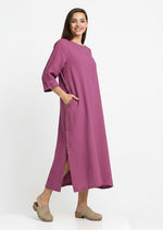 All Above Boutique magenta Tencel midi dress with side buttons, 3/4 sleeves, and pockets.