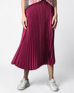 All Above Boutique burgundy midi pleated skirt with elastic waist, soft and comfortable material.