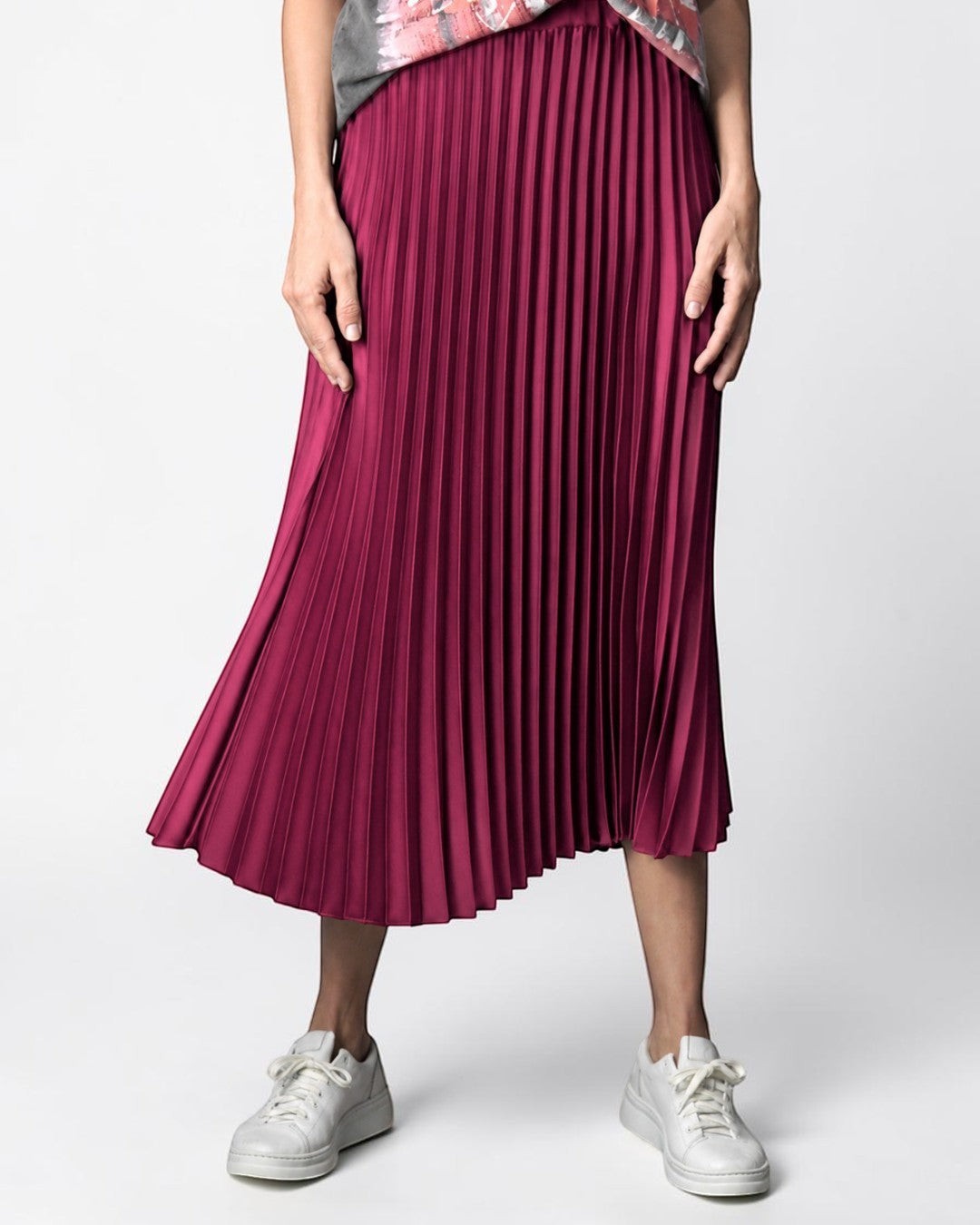 All Above Boutique burgundy midi pleated skirt with elastic waist, soft and comfortable material.