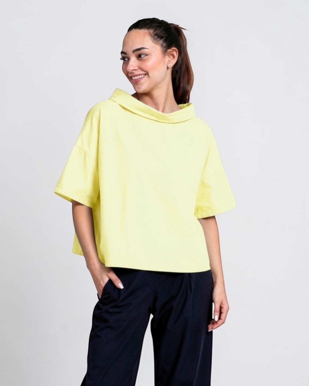 All Above Boutique light yellow 100% cotton relaxed fit short sleeve top with boat neck