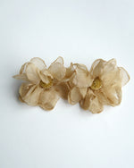 All Above Boutique beige sheer fabric flower earrings with gold beaded centers, delicate and romantic design.