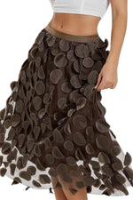 All Above Boutique brown midi tulle skirt with applied petal appliques and elastic waist. Elegant, romantic design.