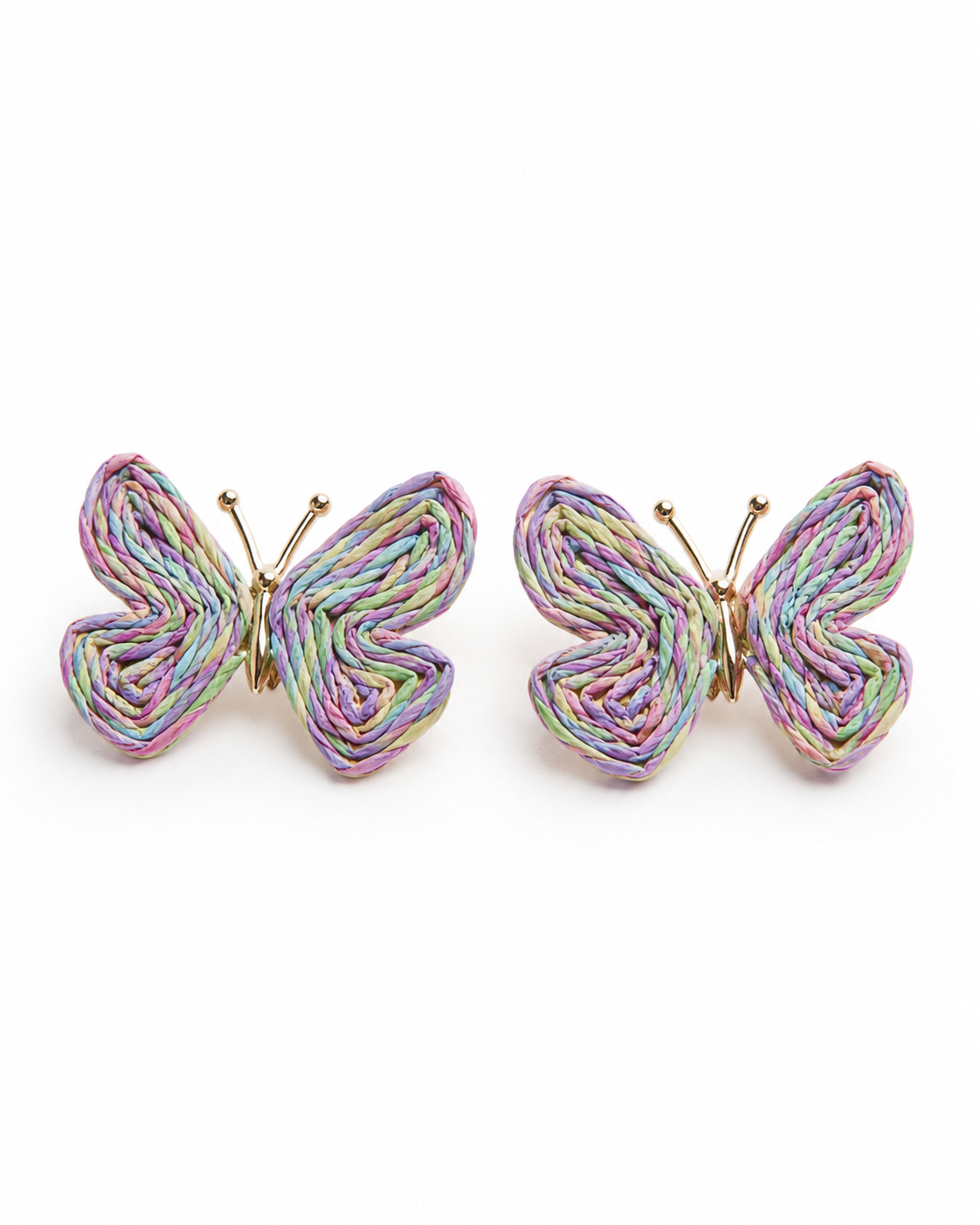 All Above Boutique pastel rainbow woven straw butterfly earrings with gold posts. Perfect for summer or boho style.