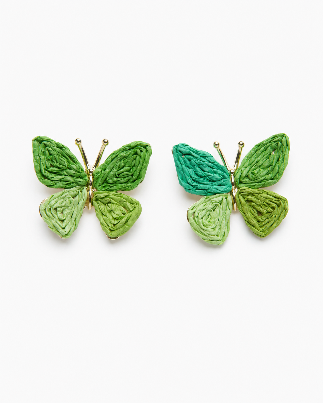 All Above Boutique green woven straw butterfly earrings with gold accents, perfect for a boho summer look.