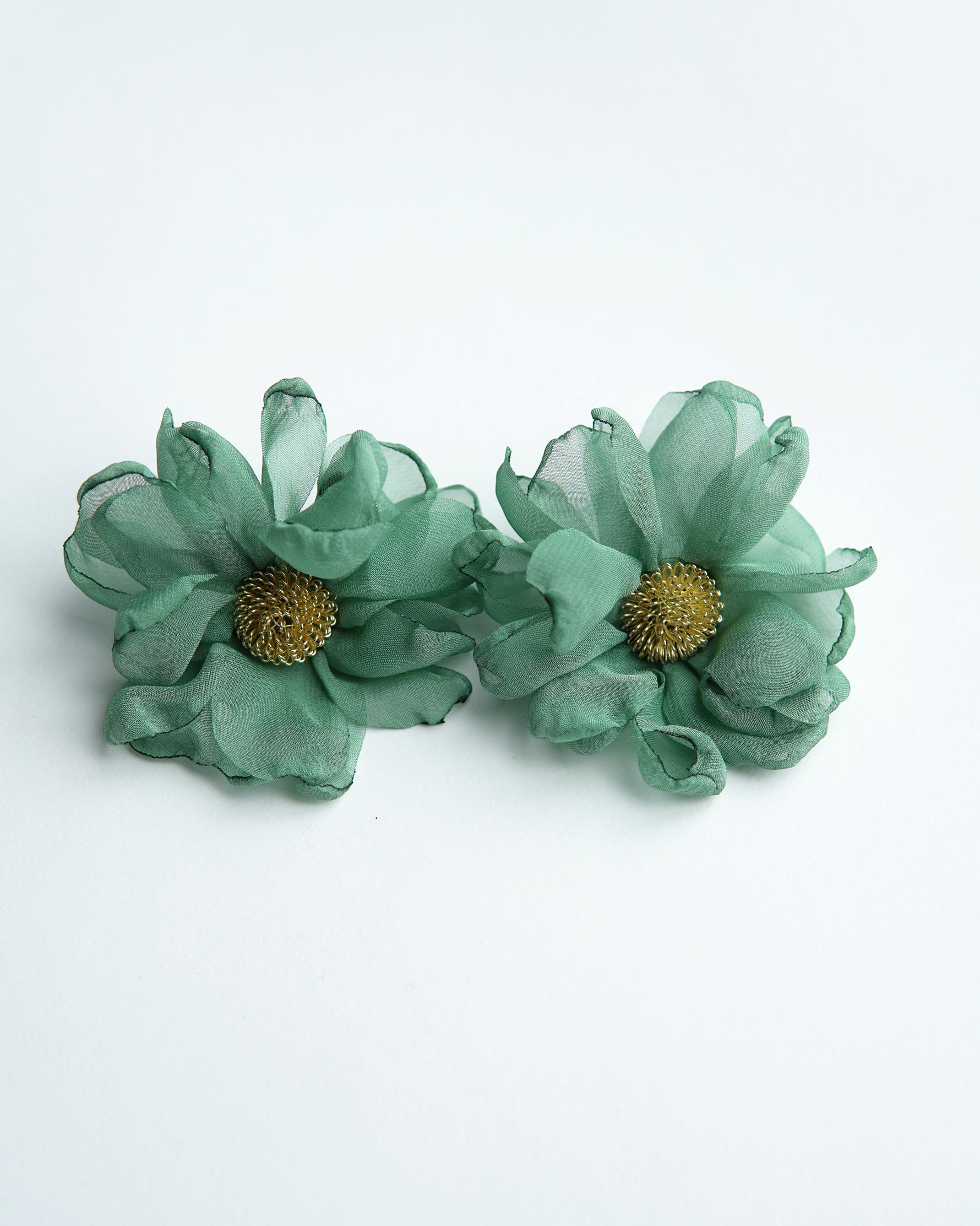 All Above Boutique green textile flower earrings with gold bead centers, delicate and romantic design.