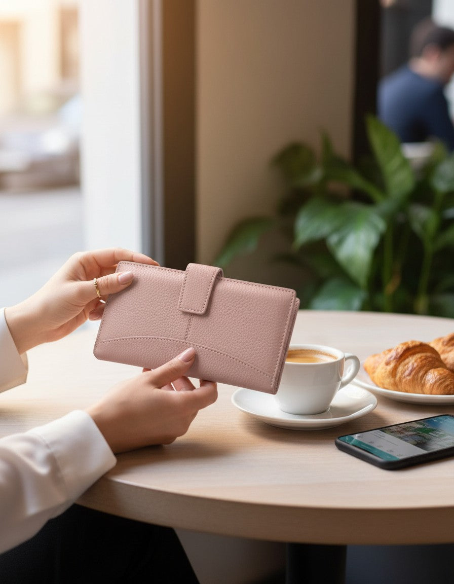 All Above Boutique women's leather wallet with multiple card slots and secure clasp closure, available in various colors.