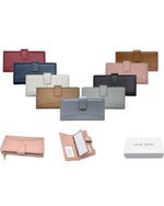 All Above Boutique collection of leather wallets in various colors: red, navy, white, tan, grey, blue, black, pink, and brown. Features include multiple card slots and a secure snap closure.