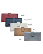 All Above Boutique collection of leather wallets in red, navy, cream, beige, and grey, featuring multiple card and bill compartments and a secure flap closure.