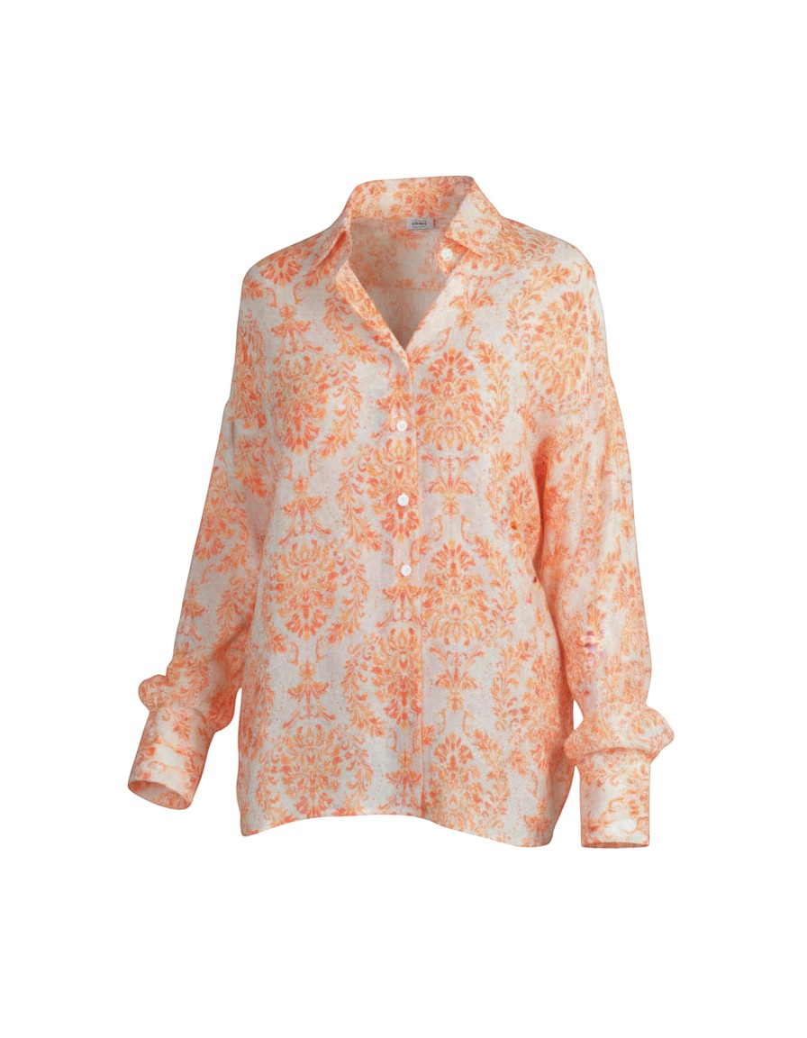 All Above Boutique loose-fit rayon shirt with orange and pink floral print, collared neckline, and button cuffs.