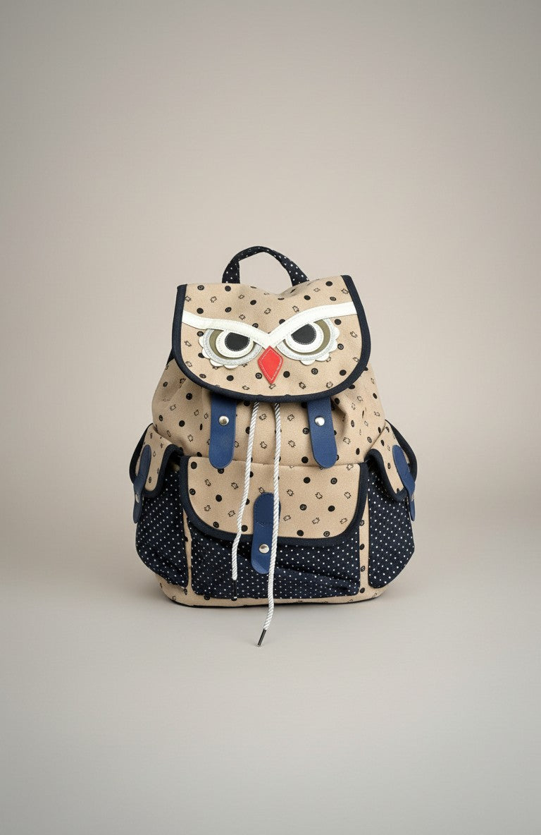 All Above Boutique beige canvas backpack with playful owl face, navy polka dot accents, and adjustable straps.