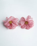 All Above Boutique pink floral fabric earrings with gold beaded centers, delicate and romantic design.