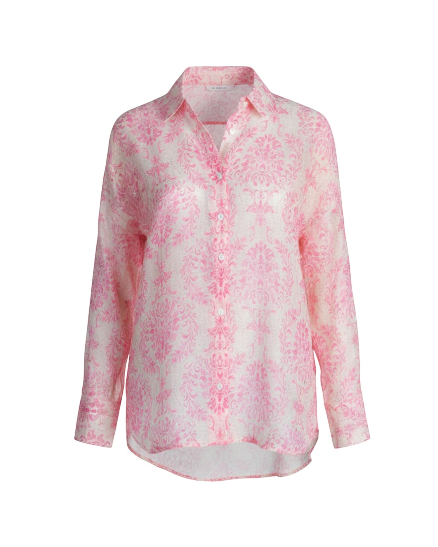 All Above Boutique loose-fit rayon shirt with pink and orange floral print, collared with buttons, ideal for warm weather.