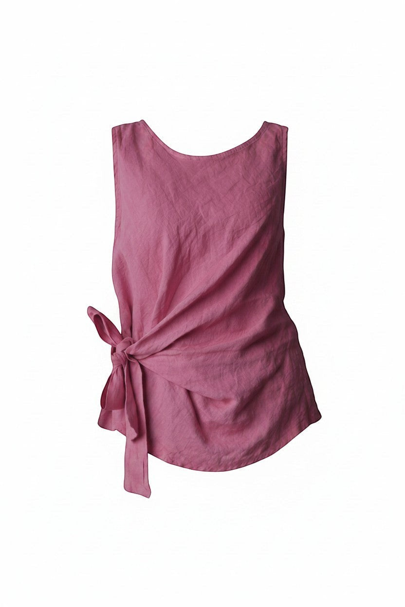 All Above Boutique pink linen sleeveless tie-waist top. Relaxed fit, ideal for summer.