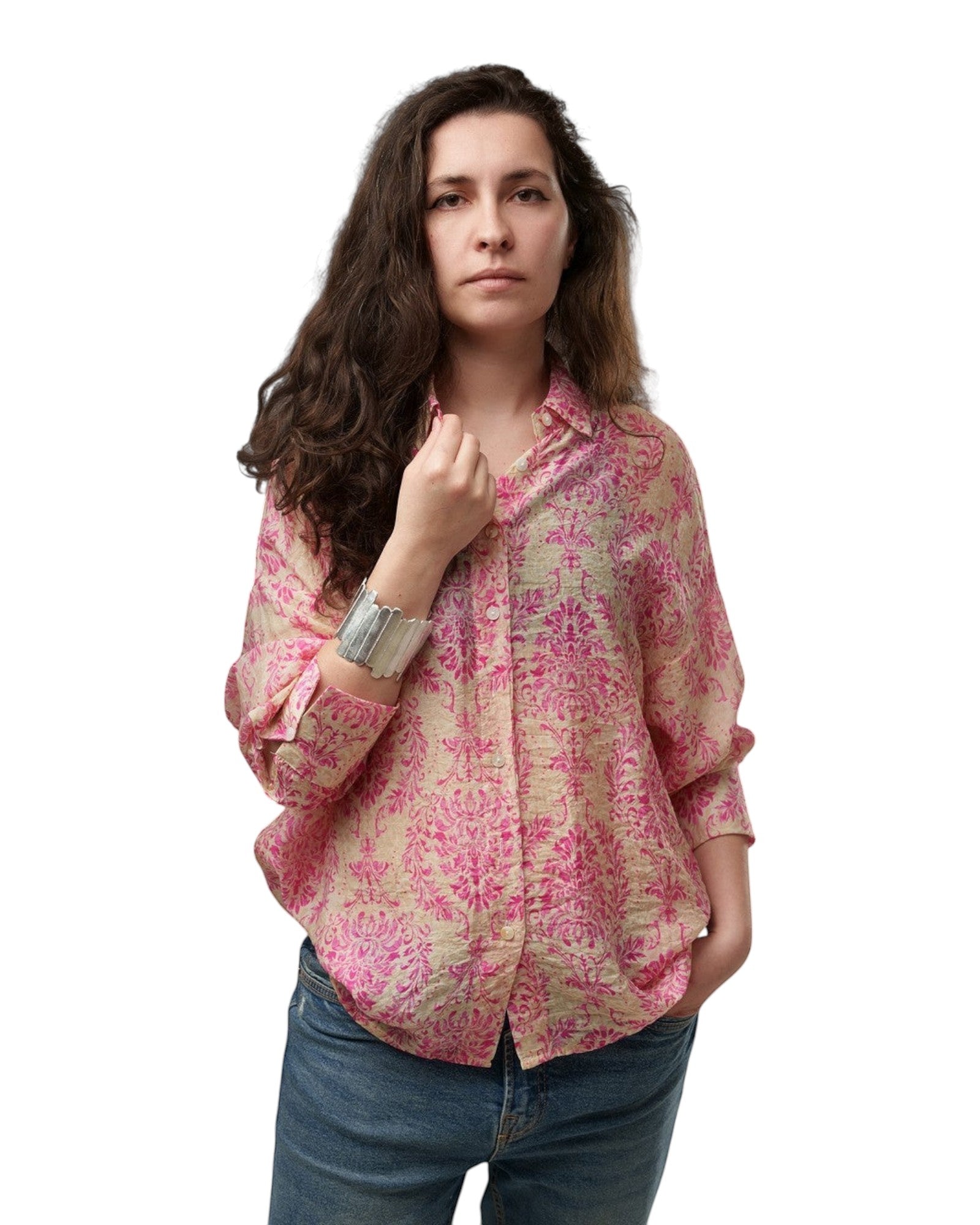 All Above Boutique loose-fit rayon shirt with pink and orange floral print, collared with buttons, and dropped shoulders.