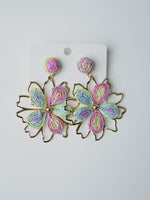 All Above Boutique pastel rainbow floral straw earrings with gold frame, boho chic statement jewelry