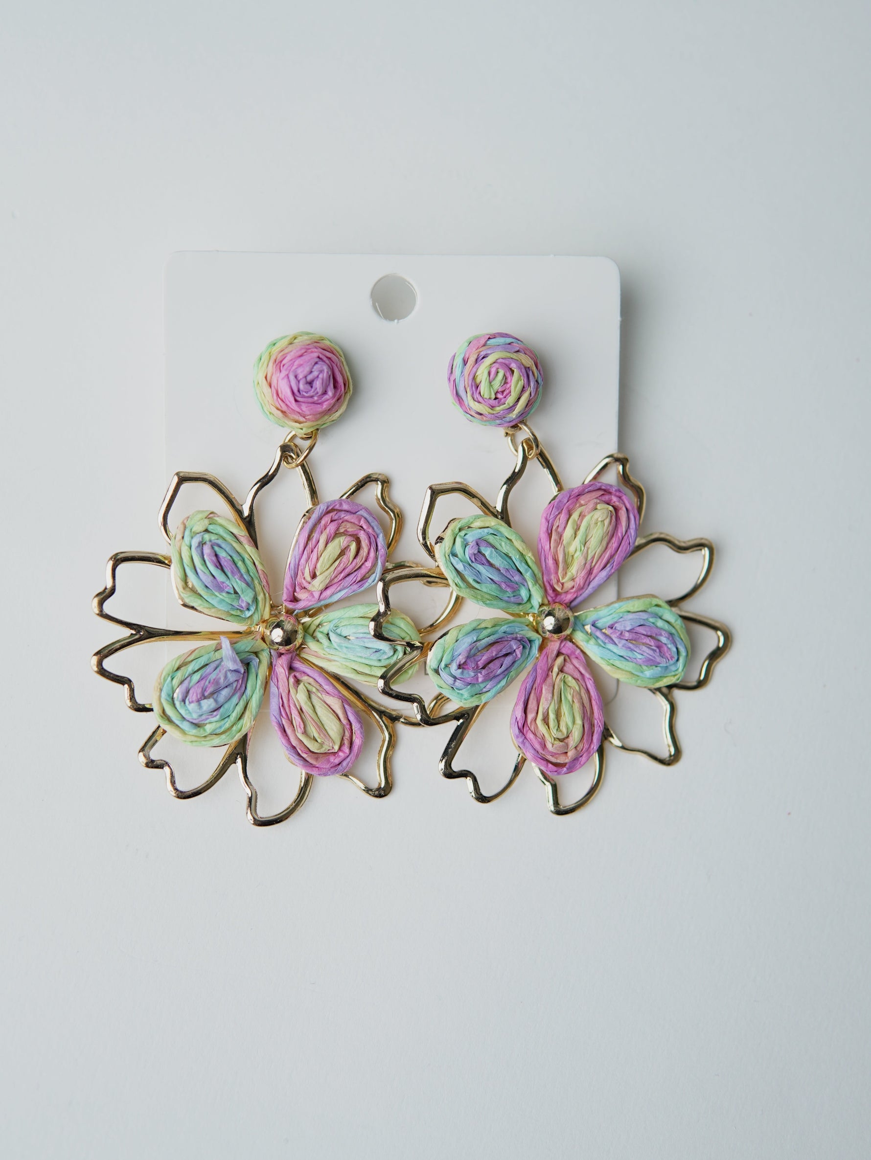 All Above Boutique pastel rainbow floral straw earrings with gold frame, boho chic statement jewelry
