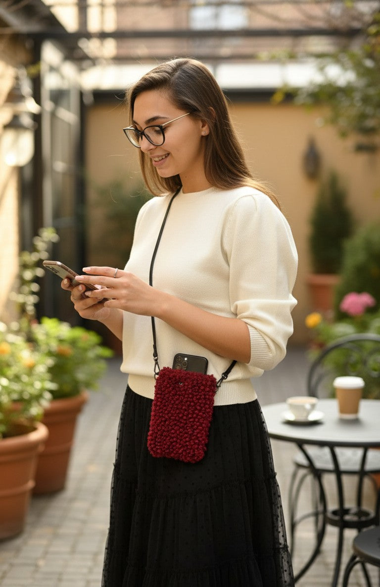 All Above Boutique red bouclé phone bag with adjustable strap, worn crossbody by a model.