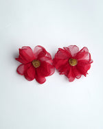 All Above Boutique red floral textile earrings with beaded centers, delicate and romantic design.