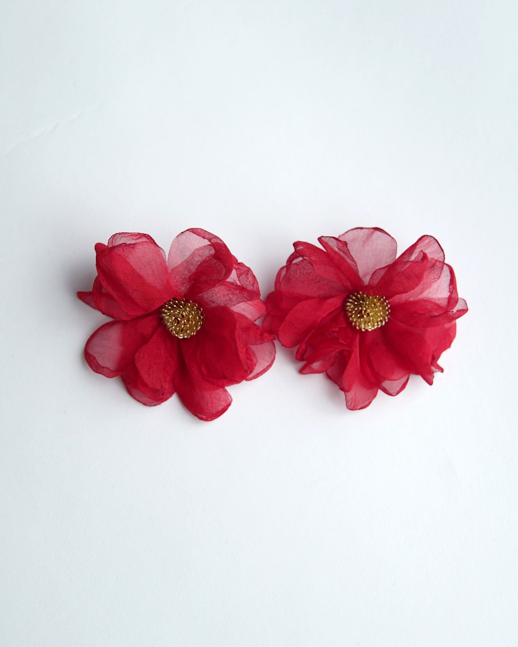 All Above Boutique red floral textile earrings with beaded centers, delicate and romantic design.