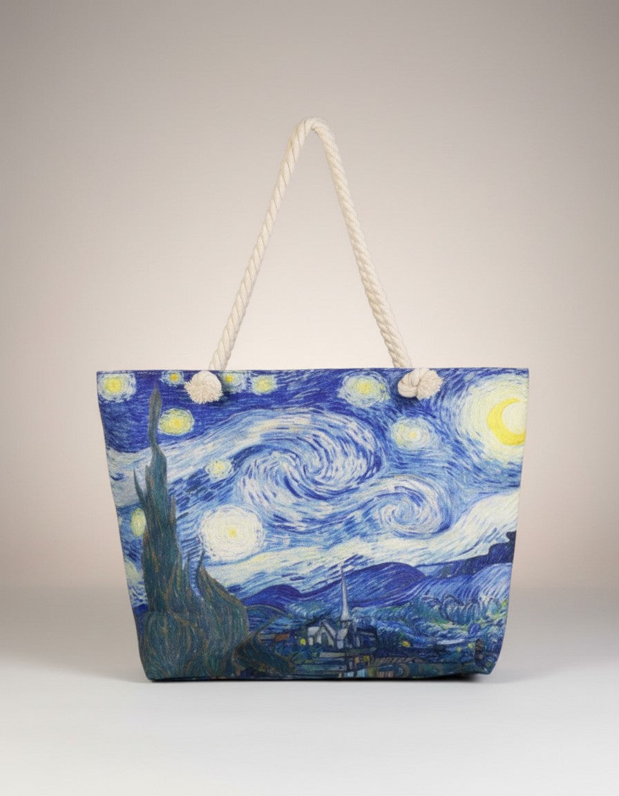 All Above Boutique large tote bag featuring Van Gogh's Starry Night painting, with rope handles and zipper closure.