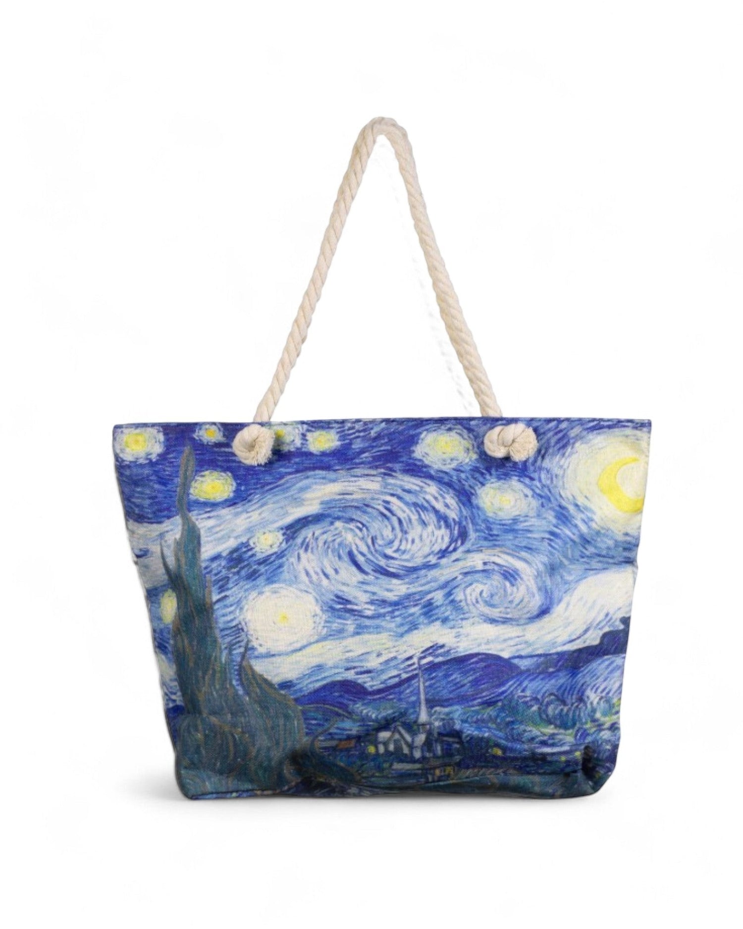 All Above Boutique large tote bag with Van Gogh's Starry Night print, rope handles, and zipper closure.