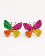 All Above Boutique colorful woven straw butterfly earrings in green, pink, yellow, and orange. Boho style.
