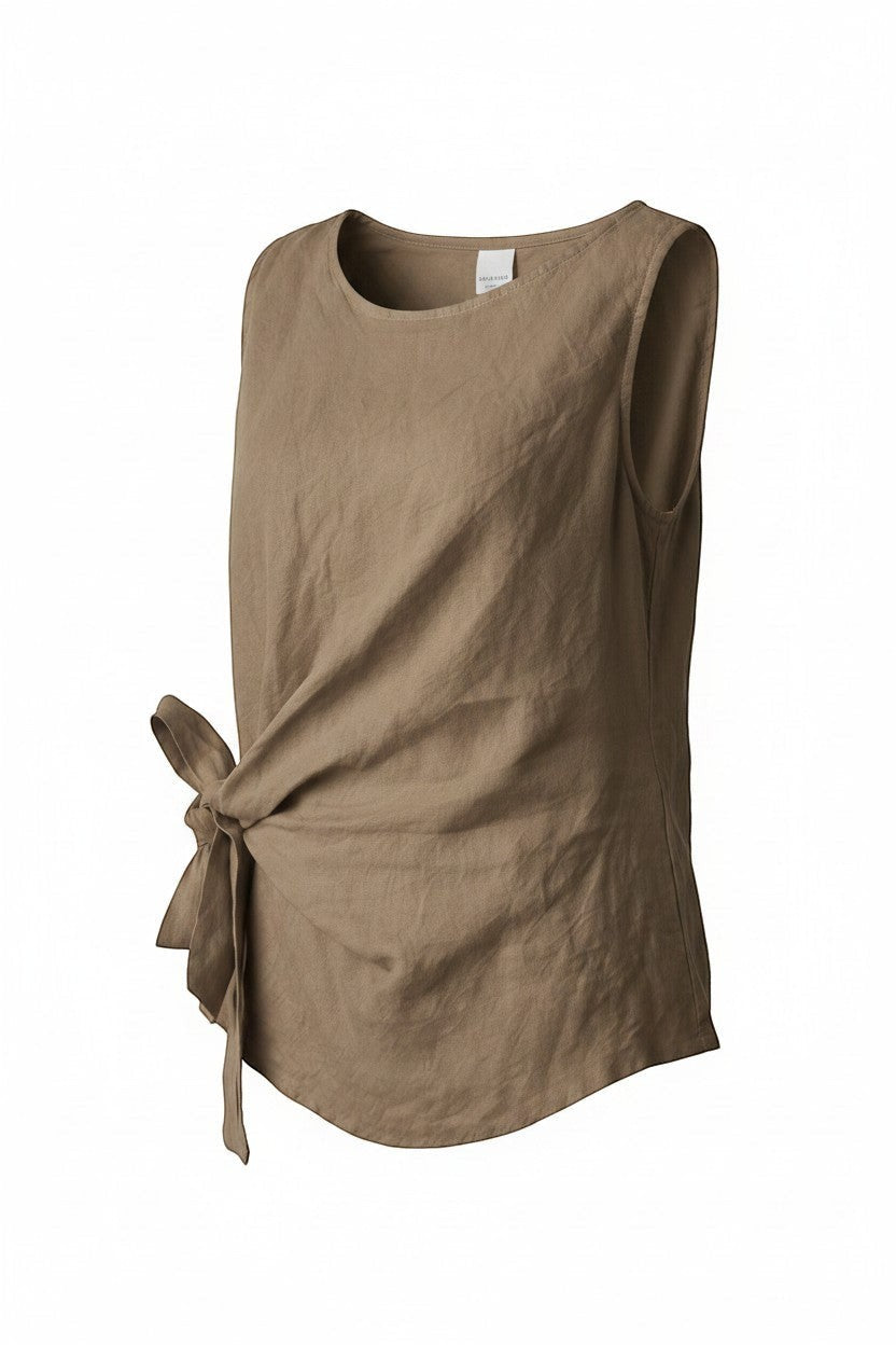 All Above Boutique taupe linen sleeveless tie-waist top. Relaxed fit, breathable, and perfect for summer.