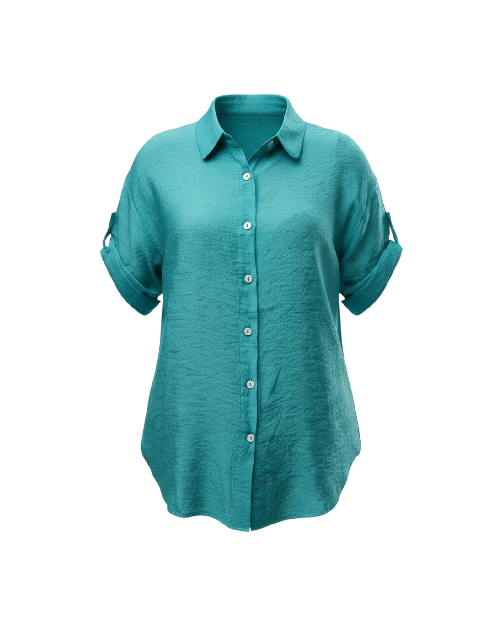 All Above Boutique teal rayon relaxed fit button-down shirt with cuffed short sleeves and asymmetric hem.