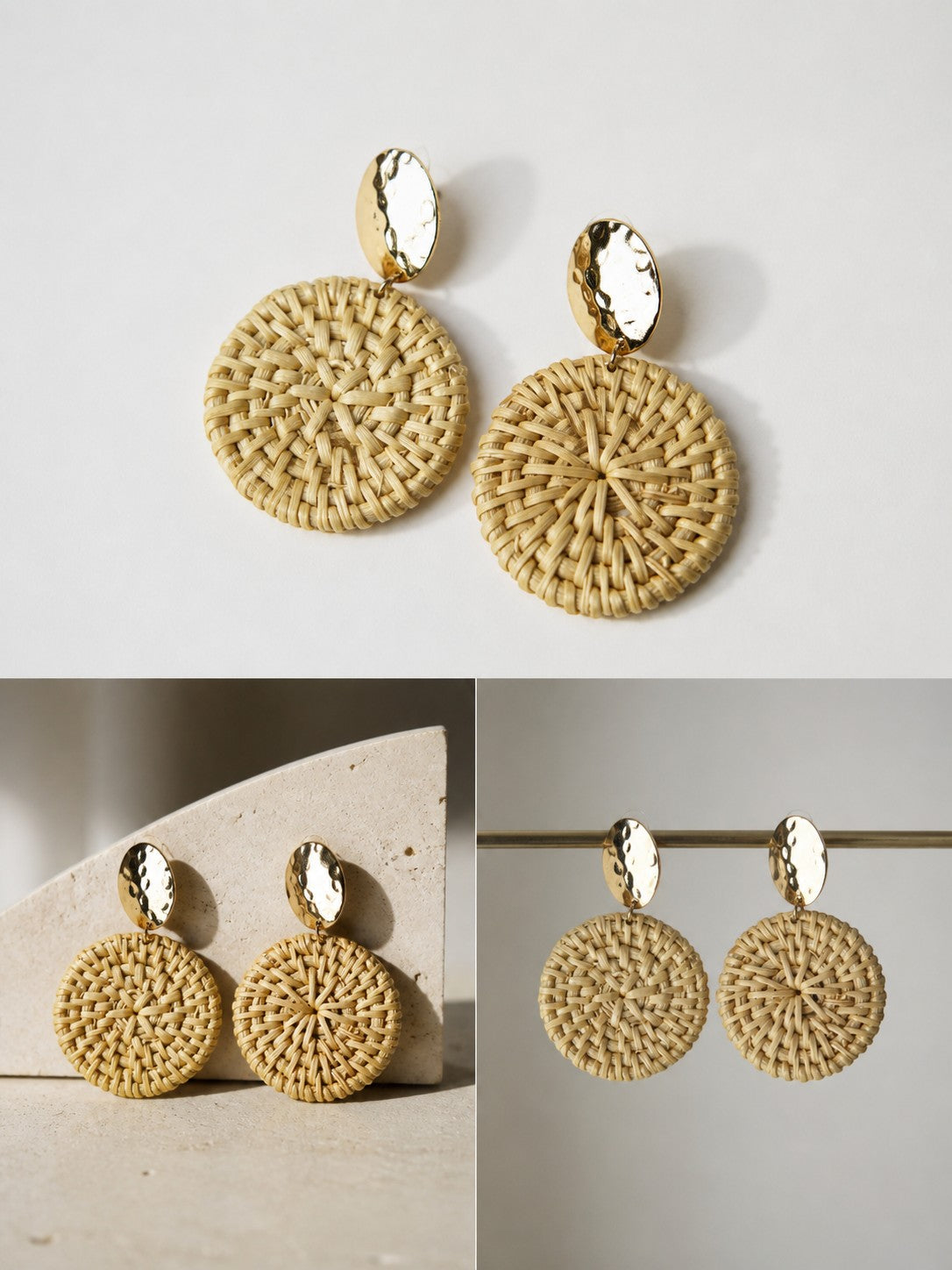 All Above Boutique natural woven wood round statement earrings with gold hammered tops, boho chic style.