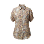 All Above Boutique women's loose-fit rayon shirt with floral print, short sleeves, and asymmetric hem in yellow and blue.