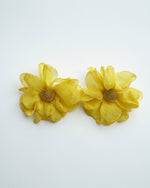 All Above Boutique yellow fabric flower earrings with beaded centers, delicate and romantic design.