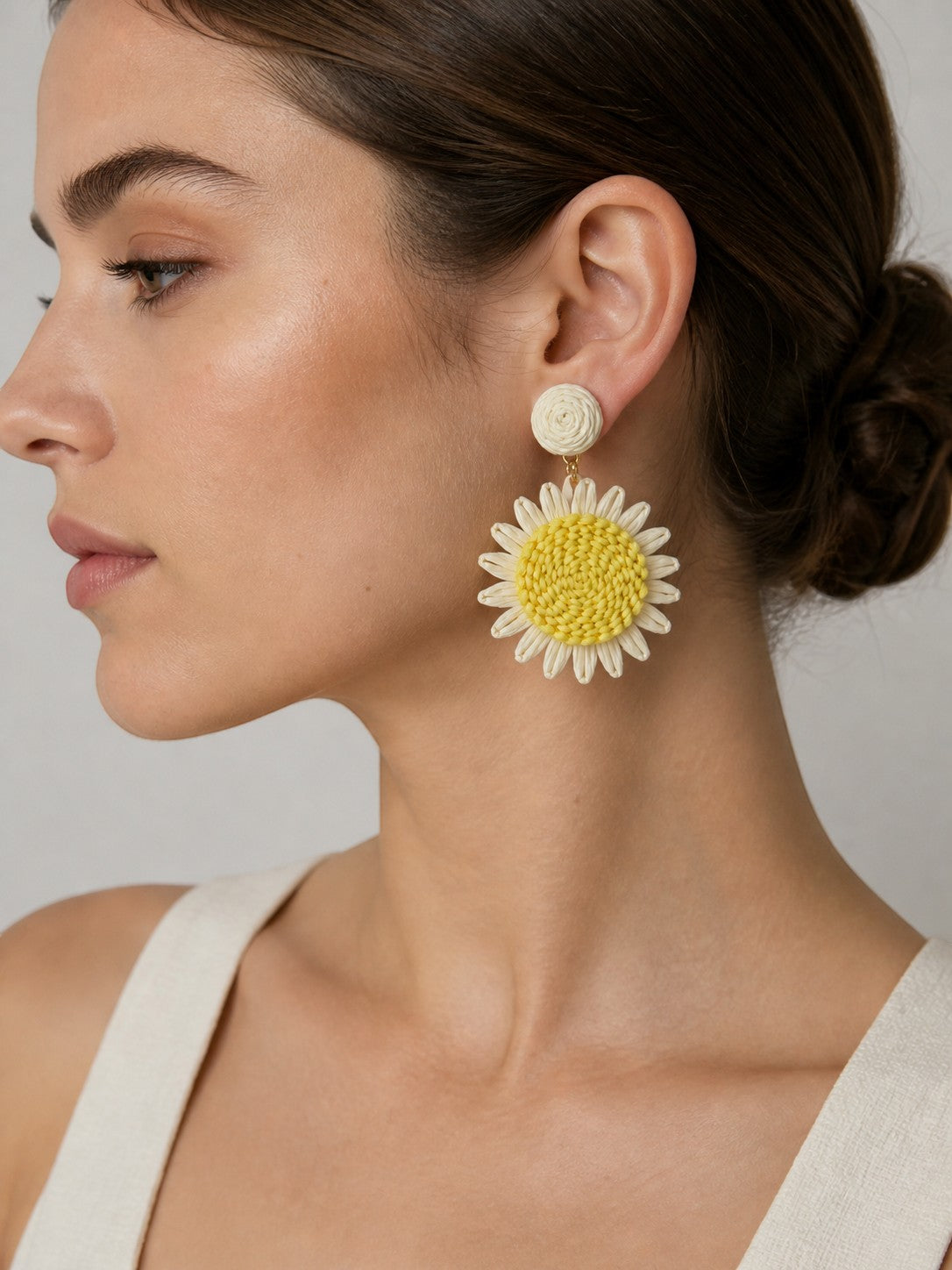 All Above Boutique yellow and white straw daisy flower statement earrings