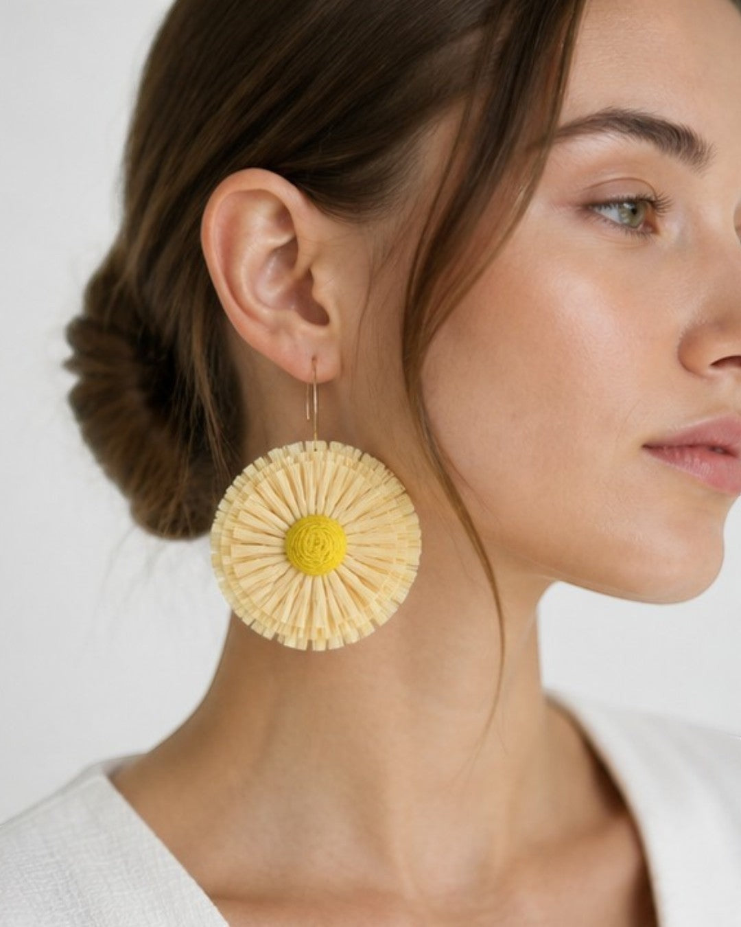All Above Boutique yellow straw flower statement boho earrings