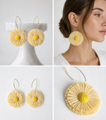 All Above Boutique yellow straw flower statement boho earrings with gold hooks. Lightweight and natural design.