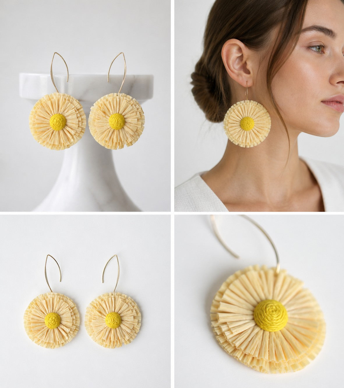 All Above Boutique yellow straw flower statement boho earrings with gold hooks. Lightweight and natural design.