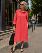 Rochie midi in albastru cu guleras si cusaturi modelatoare vedere laterala, All Above Boutique