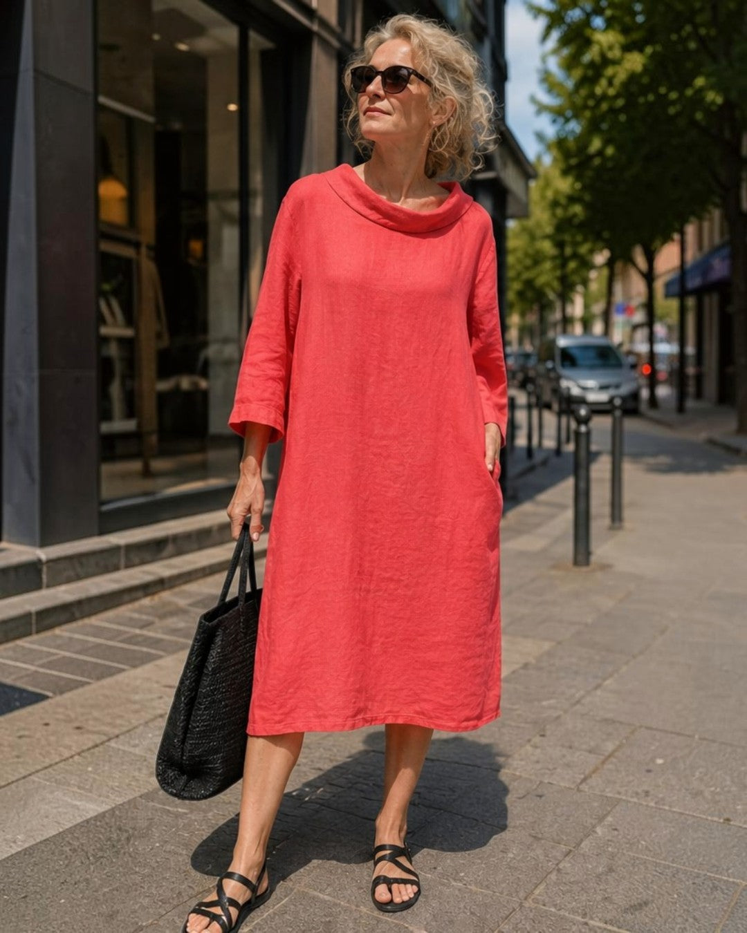 Rochie midi in albastru cu guleras si cusaturi modelatoare vedere laterala, All Above Boutique