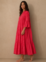 Rochie boho lungă roșu aprins cu volane niveluri și mâneci 3/4, vedere ansamblu, All Above Boutique