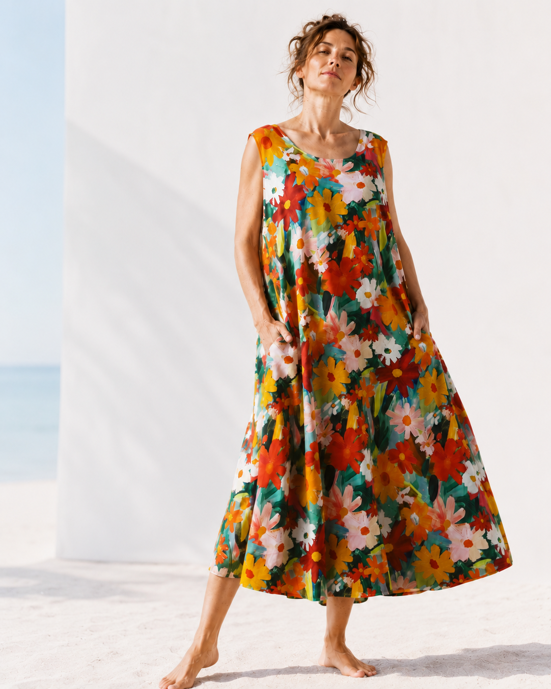 Rochie din bumbac cu imprimeu de margarete colorate, vedere frontală — All Above Boutique.